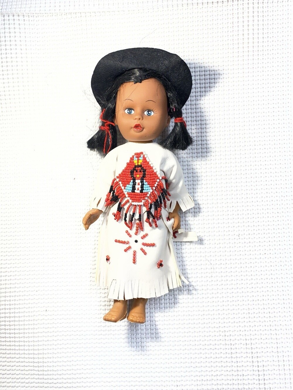 Vintage 1960s Native American Doll In Leather Beaded Dress With Sleepy Eyes